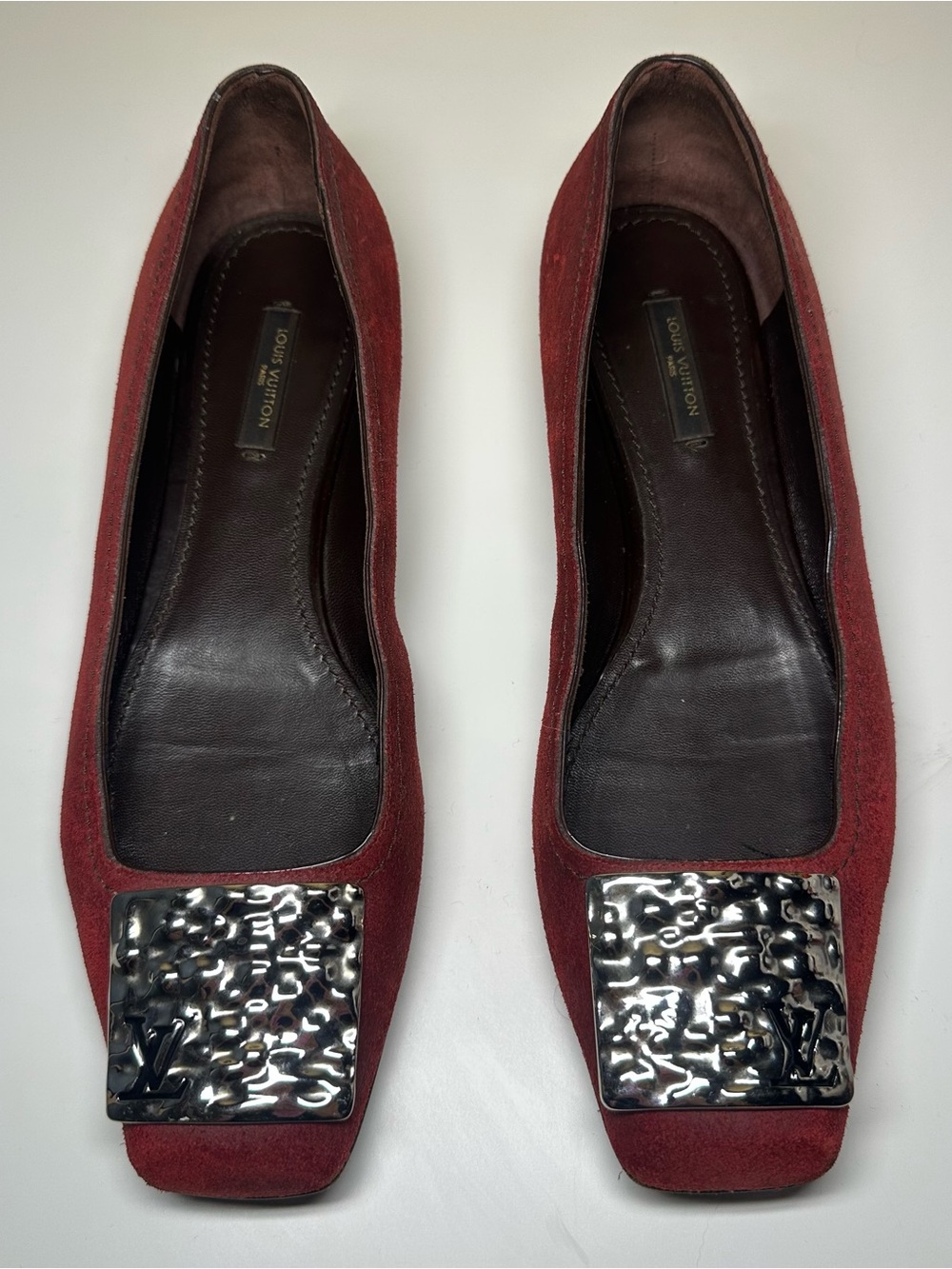 Louis Vuitton Women's Burgundy Suede Square-Toe Flats with Silver Plaque